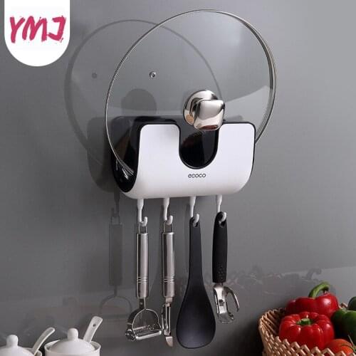 Punch Free Pot Lid Holder Chopping Board Drainer Rack Soup Spoon Shelf with Four Hooks Kitchen Tools Storage Shelving Organizer