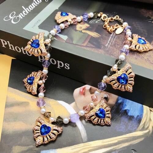 Luxury Gorgeous Necklace Blue Stone Choker Collier Pendant Rhinestone Banquet Wedding Party Jewelry