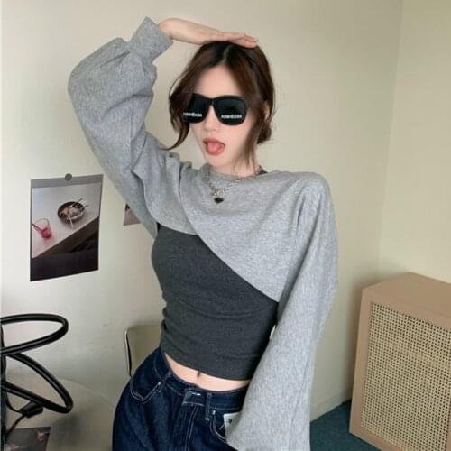 Long-sleeved Lantern Sleeve Gray Sweatshirts Womens Autumn Korean Loose Jacket 2021 New Ultra Short Top
