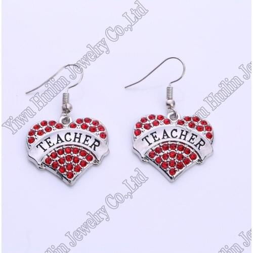 TEACHER Earrings Crystal Adorned Heart Shaped Pendant French Hook Earrings Commemoration Day Jewelry