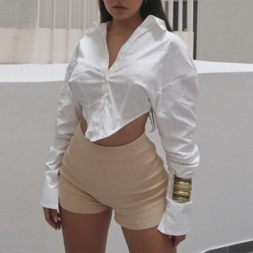 Women Solid Irregular Blouse Turn-Down Collar Long Sleeve Short Shirt Female Casual Button Down Shirt S/M/L