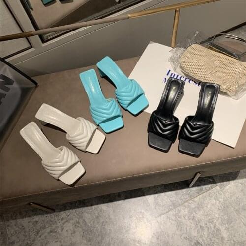 ZaShoes2021 New Leather Word with Blue-green Fashion Personality High-heel Square Toe Sandals Large Size Ladies Sandals Slippers