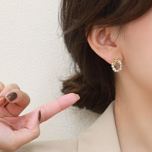 VENTFILLE 925 Sterling Silver Bow Garland Earrings For Women Simple Temperament Pearl Ear Studs Party Jewelry Birthday Gifts