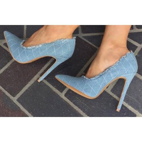Top Quality Blue Jeans Lace High Heels Women Shoes Stiletto 10cm Heel Height Wedding Party Sexy Women Pumps