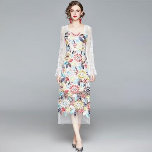 Heavy Embroidery Elegant Dress Women Square Collar Lace Long Sleeve Patchwork Summer Mesh Vestidos Robe 2021 New