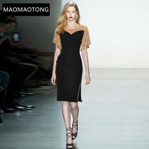 Runway Summer Sheath Black Dress Womens Butterfly Sleeve Splicing Slim Sexy club Party Dress