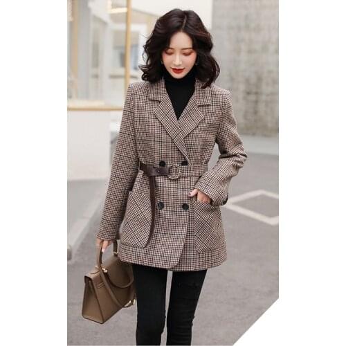 Obrix Office Style Vintage Plaid Pattern Female Coat V-Neck Double Breasted Belt Full Sleeve Coat For Women