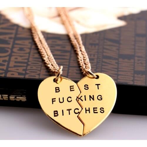 12Set/Lot Friendship Jewelry 2PC Broken Heart Pendant Necklace Engraved Best Bitches Charm Chain Women Friend Forever BFF Collar