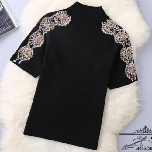 2020 spring and autumn new short-sleeved beaded diamond sequins solid color turtleneck knitted wool shirt women