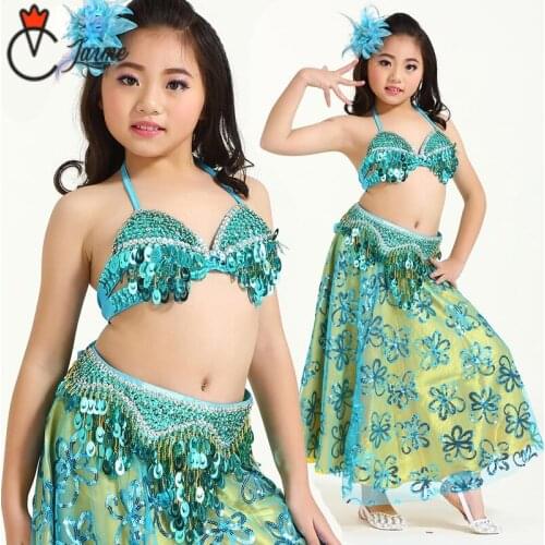8 colors Oriental Outfit Professional Belly Dancing Clothes 3-piece Bra, Belt, Skirt Girls Belly Dance Costume Set for Kids