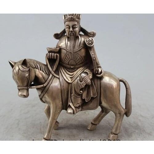Free shipping 9"Chinese Buddhism Silver Mammon Money Wealth God Ride Zodiac Year Horse Statue