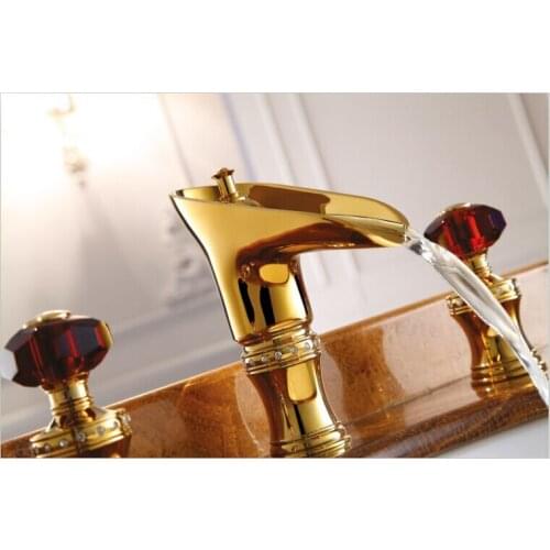 Free ship ROMAN SINK FAUCET BATHROOM MIXER TAP Widespread Basin Lav sink Faucet Waterfall Gold Mixer Tap crystal handles New