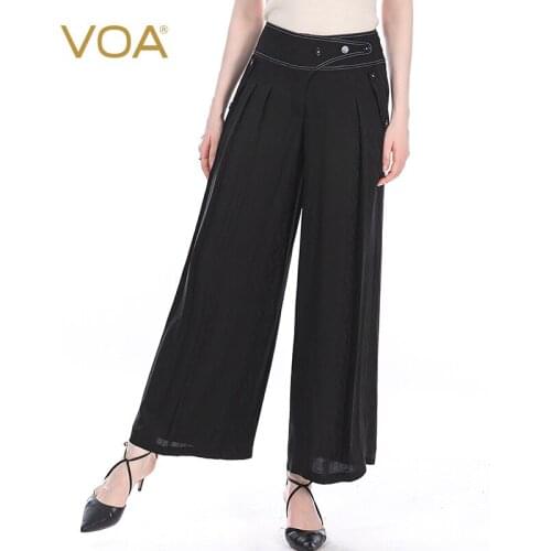 VOA Silk 22m/m Black Jacquard Bright Line Decoration Oblique Button Button Pleated Refreshing and Versatile Wide-leg Pants KE122