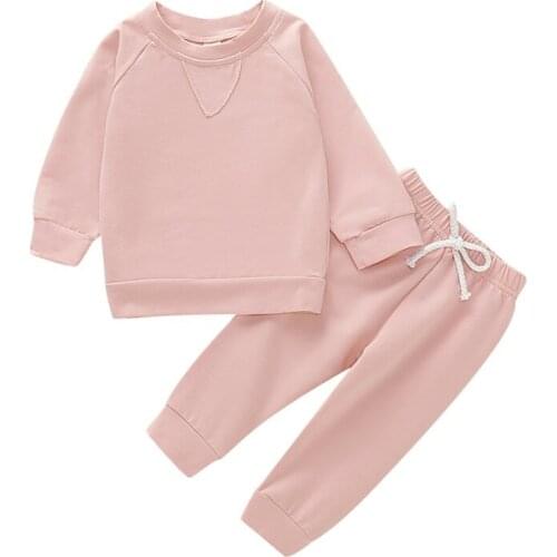 Children Spring Autumn Cute Solid Color Long Sleeve Sweater Round Collar Casual Tops + Pants New