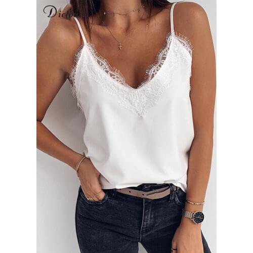 DICLOUD Womens Lace Top Summer 2021 Sexy White Black Basic T-shirts Satin Blouses Fashion V Neck Sleeveless Camisole Tank Tops