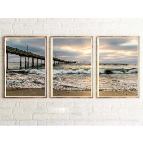 Ocean Pier Beach Art Works Nature Photography Triptych Oil On Canvas Engraving