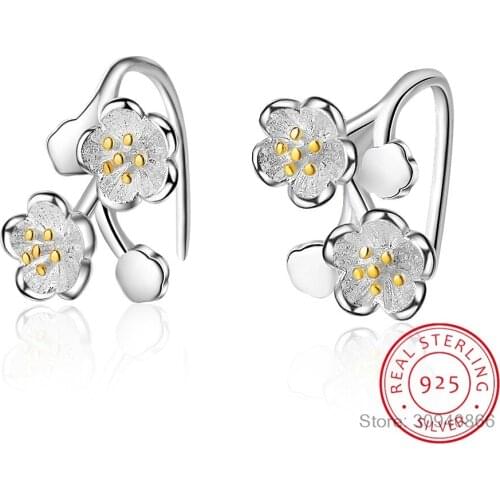 Cold Design 925 Sterling Silver Cherry Blossoms Flower Earrings Women Fine Jewelry oorbellen Boucle d'oreille S-E792
