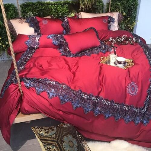 Red Blue 100S Egyptian Cotton Luxury Embroidery Royal Bedding Set King Queen Lace Wedding Bed Sheet Cover set Duvet Cover 4pcs