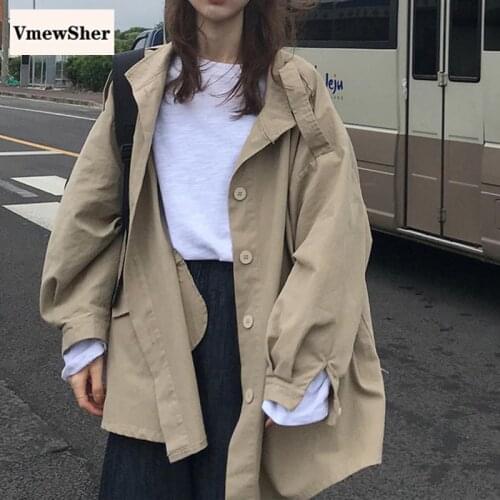 VmewSher New Spring Autumn Women Jacket Casual Oversize Stand Collar Long Sleeve Loose Coat Cotton Elegant Pockets Outwear 2020