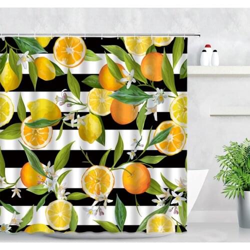 Lemon Shower Curtains Yellow Fruit Green Leaves White Flowers Black White Stripes Printed Waterproof Bathroom Decor Curtain Sets