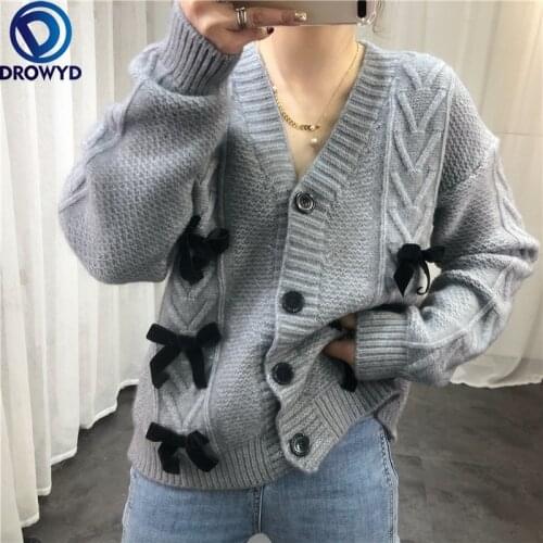 Cute Bow Sweater Jacket Autumn and Winter All-match 2021 New Korean Version Knitted Cardigan Loose Single-breasted Jacket Top