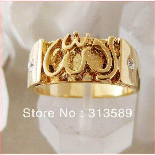 MIN ORDER 10$ CAN MIX DESIGN /MEN LADY - YELLOW GOLD COATED MUSLIM ALLAH GOD RING CZ STONE SIZE 7 8 FREE SHIPPING/GREAT GIFT