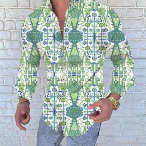 Men Long Sleeve Shirts New Sping Autumn Casual Printed T-shirts Male High Streetwear Style Loose Fit Green Shirts For Men 3XL