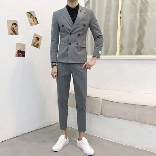 2021 Men Spring Fashion Casual Blazer Mens Formal Double-breasted Business Suit Groom Wedding Dress Mens Suit 2 Piece Set W459