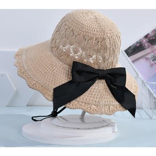 Spring Raffia Bowknot Knitted Sun Hat Wide Brim Floppy Summer Hats for Women Female Foldable Beach Panama Dome Shade Bucket Hat