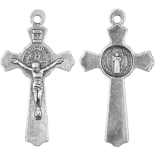 Jesus Silver Color 50x28mm Alloy Crucifix Metal St Benedict Cross Pendants 6pcs
