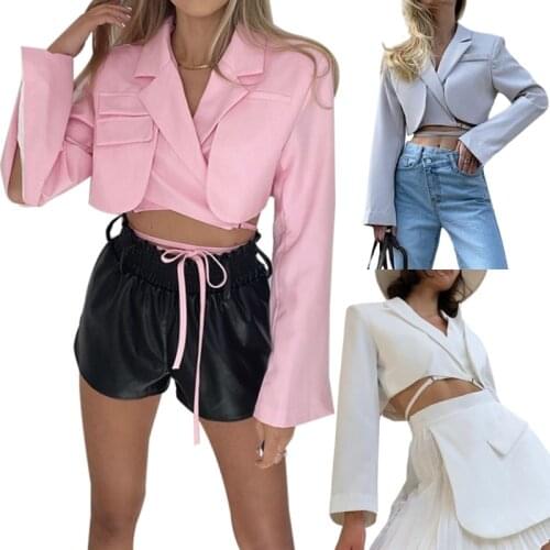 Women Shirt, Solid Color Tailored Collar Long Sleeves Bandage Short Tops for Ladies Spring Autumn