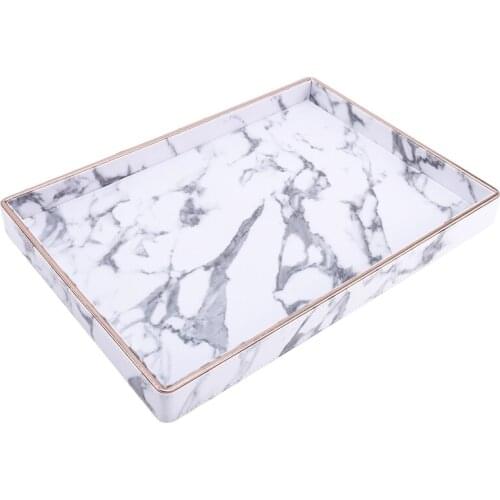 Gold Rim Serving Tray Marble PU Leather Tea Cup Sets Tray Kitchen Storage Box Fruit Food Cup Holder Tray Home Decoration