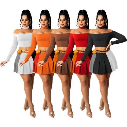 Sporty Women Two 2 Piece Outfits Set Off Shoulder Crop Tops and Pleated Skirts Set Fashion Sweatsuit Matching Set Tracksuit