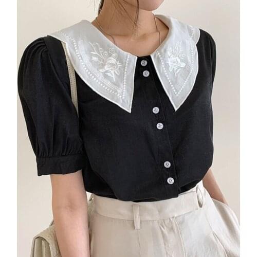Korean Fashion Retro Embroidery Flower Blouse Women Summer Lapel Puff Short Sleeve Button-up Shirt Loose Ladies White Tops 15169