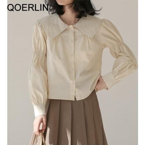 QOERLIN Square Collar Puff Sleeve Top Shirt Female Spring Long Sleeve Blouse Lantern Sleeve Solid Fashion Single-Breasted Tops