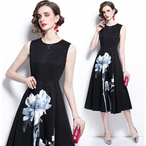 2021 New Women Summer Dresses Office Lady A-LINE Zipper Printing Dress Elegant Party Night Mid-Calf O-Neck Women Expand Dresses
