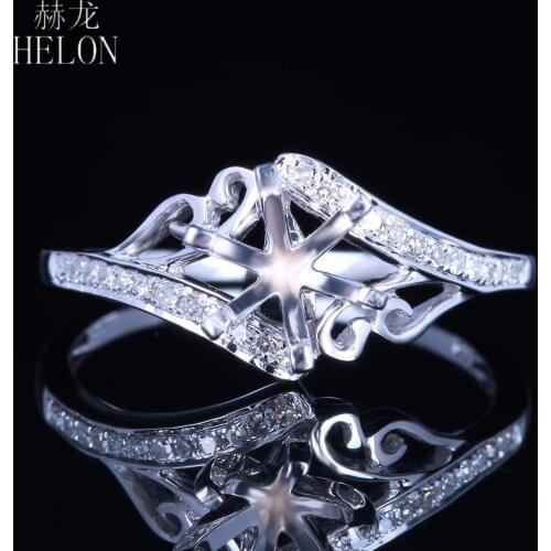 HELON Solid 14k White Gold Pave Natural Diamonds Women Vintage Fine Jewelry Semi Mount Engagement Ring Setting Fit 6mm Round