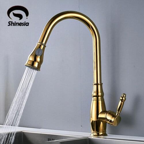 Shinesia Golden Kitchen Faucet Pull Out Spayer Deck Mount Pull Down Hot And Cold Water Sink Faucet Mixer Taps