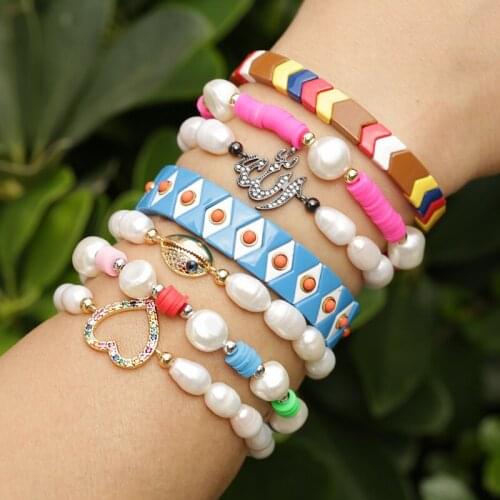 1 pcs retro natural freshwater pearl charm colorful color zirconium paved stretch bracelet for woman girl jewelry gift