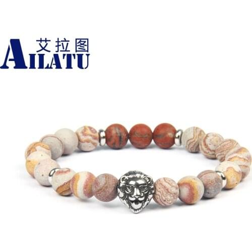 Ailatu Classic Vintage Stainless Steel Lion Head & Sparta Helmet Bracelet with 8mm Natural Matte Stone Beads Not Fade