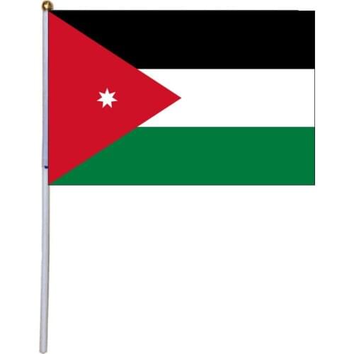 Free shipping xvggdg 100pcs 14 * 21cm National Flag Jordan hand flags with plastic flagpole Polyester Printing flag