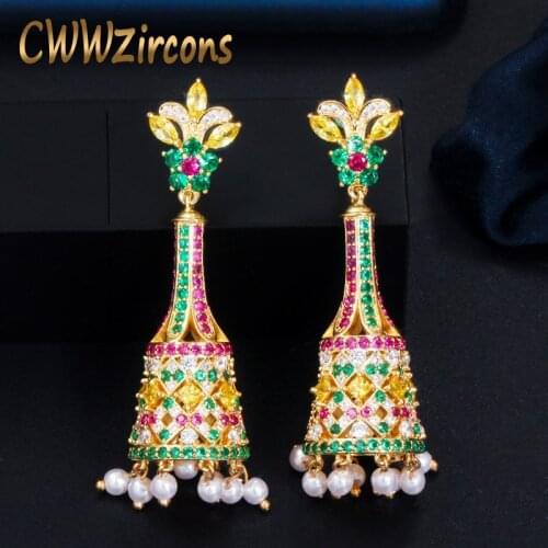 CWWZircons Elegant Red Green Cubic Zirconia Stone Long Pearl Drop Dangle Earrings for Women Vintage Ethnic Party Jewelry CZ717