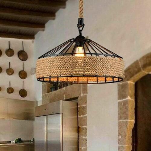 E27 Hemp Rope Hanging Lamp Vintage Pendant Lamp Ceiling Light, Retro Antique Industrial Adjustable Lamp Chandelier Iron Candlest