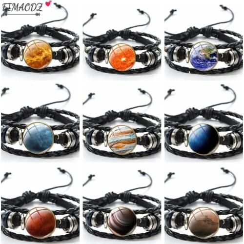 FIMAODZ Nine Planets Bracelet Universe Space Art Glass Picture Handmade Woven Leather Bracelets Bangles for Men Women Gift