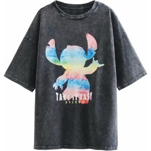 Disney Cartoon Stitch Shirts for Women Print Round Neck Short-sleeved Women Fashion Clothing Graphic T-Shirts Harajuku Kawaii