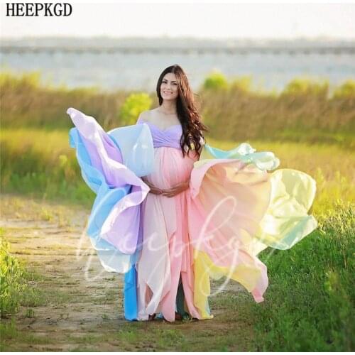 Customize Rainbow Pregnant Women Evening Dress V Neck Off The Shoulder Plus Size Chiffon Long Prom Party Gowns Robe De Soiree