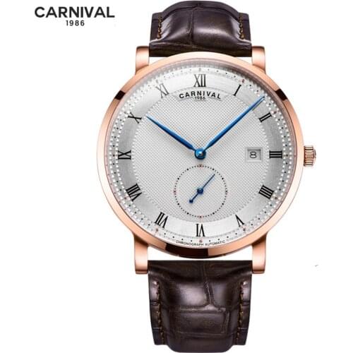 CARNIVAL Brand Lndependent Small Pointer Leather Watches Luxury Men Automatic Mechanical Waterproof Watch Simple Fashion Clock