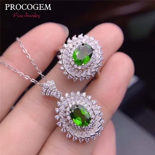 Procogem Natural Green Diopside Jewelry sets for Women Party Necklace Rings 6x8mm Sparking gemstone vvs 925 Sterling Silver #699