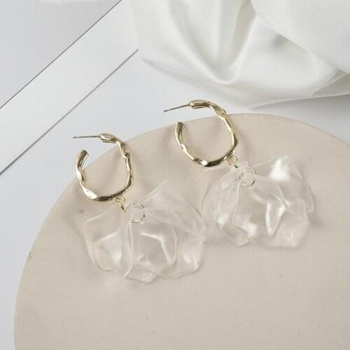 S925 Post Korean Super Fairy Holiday Acrylic Transparent Petal Pendant Lrregular C Ring Metal Stud Earrings