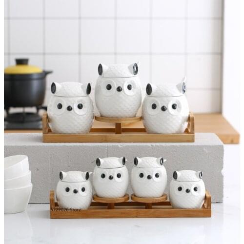Creative cute owl sugar bowl ceramic sealed jar household salt pepper jar seasoning jar oil bottle set kitchen seasoning tool